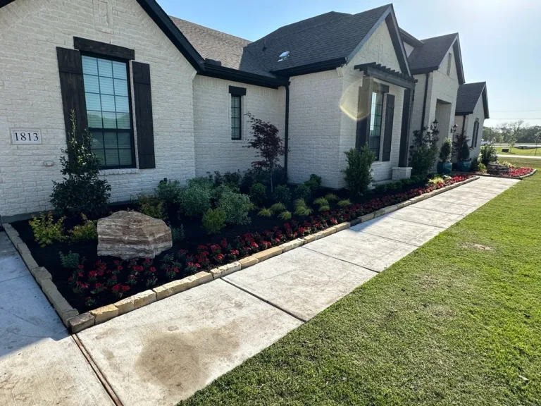 Front yard flower bed with red seasonal color, stone border edging, an accent boulder and fresh sod