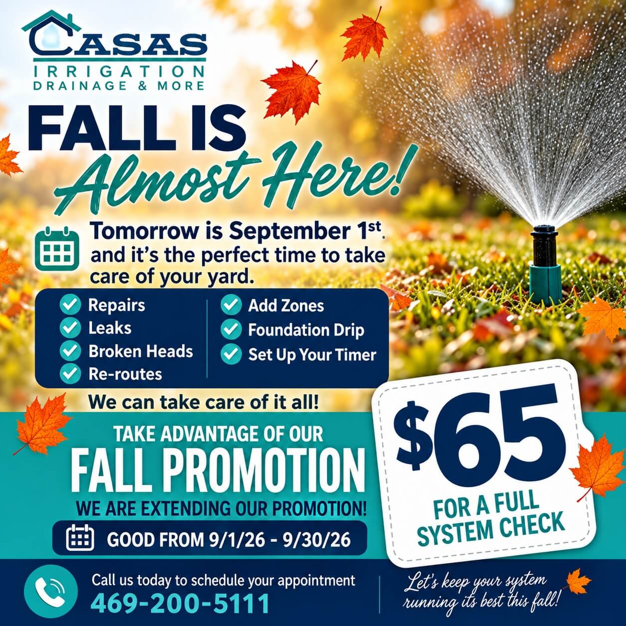 Casas Irrigation fall promotion — $65 for a full system check, good from 9/1/26 to 9/30/26